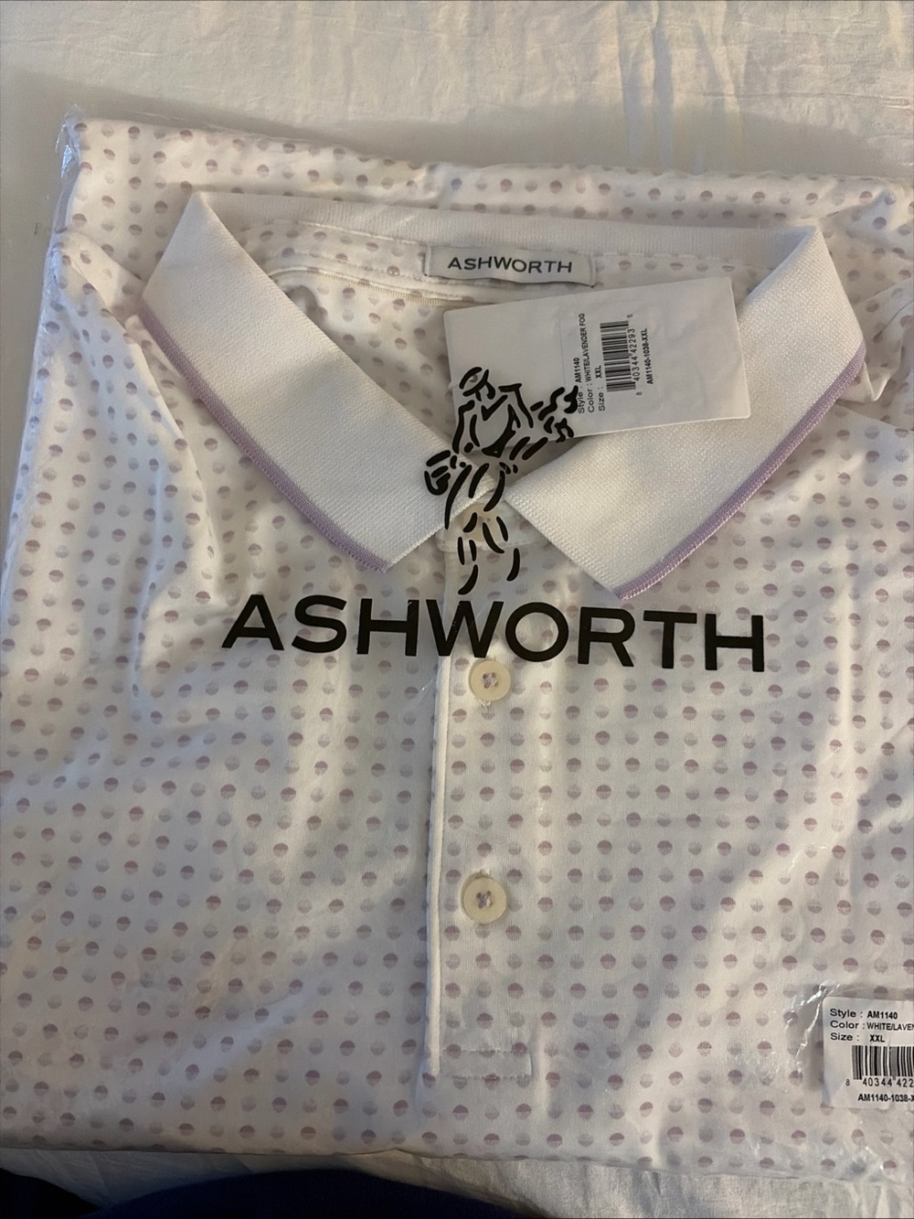 Ashworth White Polo with Light Lavender Dot Pattern